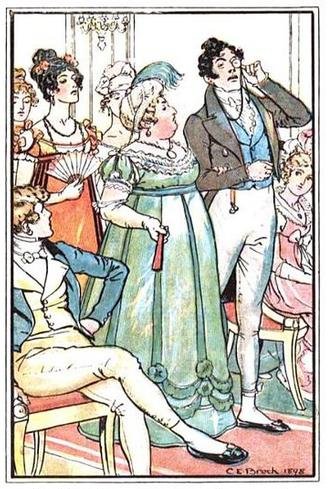 The Vicontess Dalrymple enters the concert on Sir Walter Elliot's arm, followed by Sir Walter's daughters.