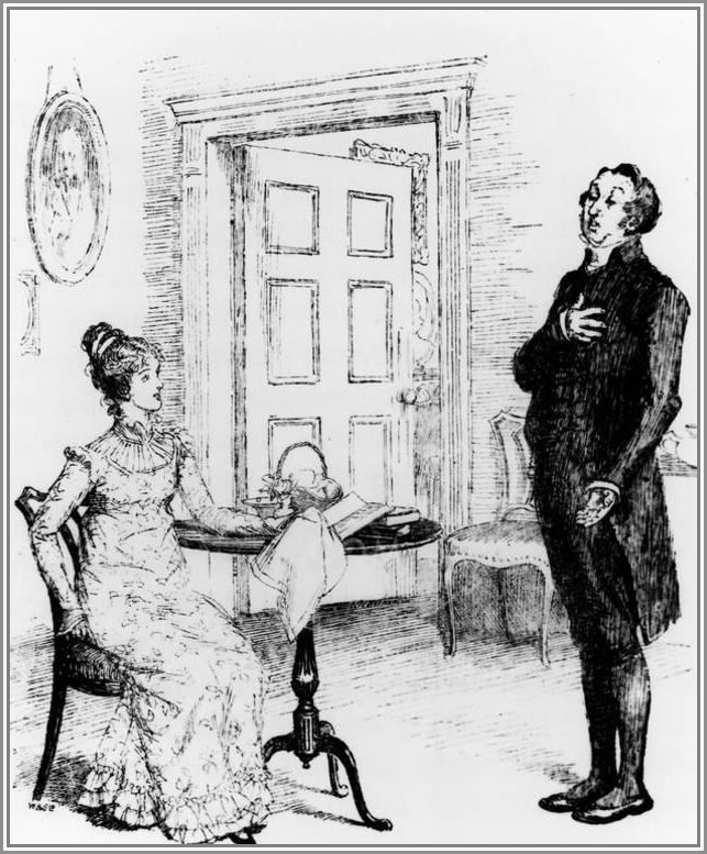 Mr. Collins, as heir to the Bennet's estate and a current 'living,' is in his rights to seek a wife from the Bennet or Lucas families.